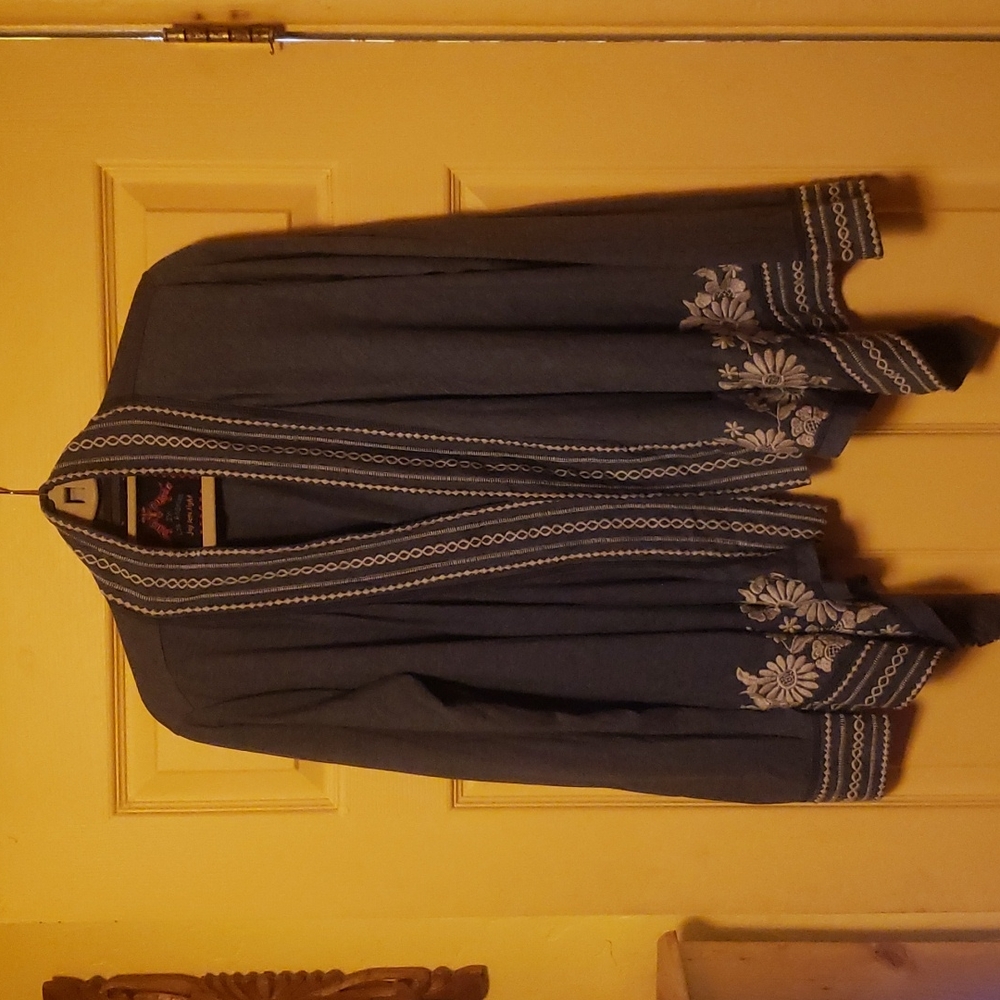 Johnny Was Chambray Blue with Silvery White Floral Embroidery - Size Small
